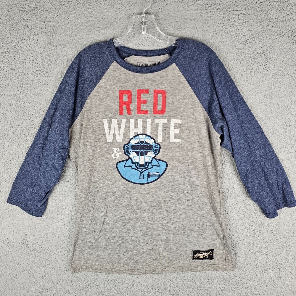 Baseballism‎ Red White Blue Americana Tee Shirt Mens L Gray 3/4 Sleeve Pullover